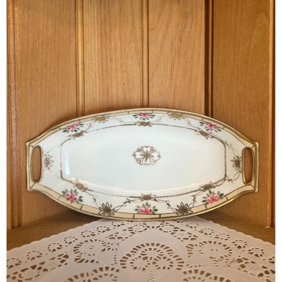 Antique Hand Painted Nippon Morimura Gold Moriage Pink Floral Relish Trinket Dis - Picture 1 of 6